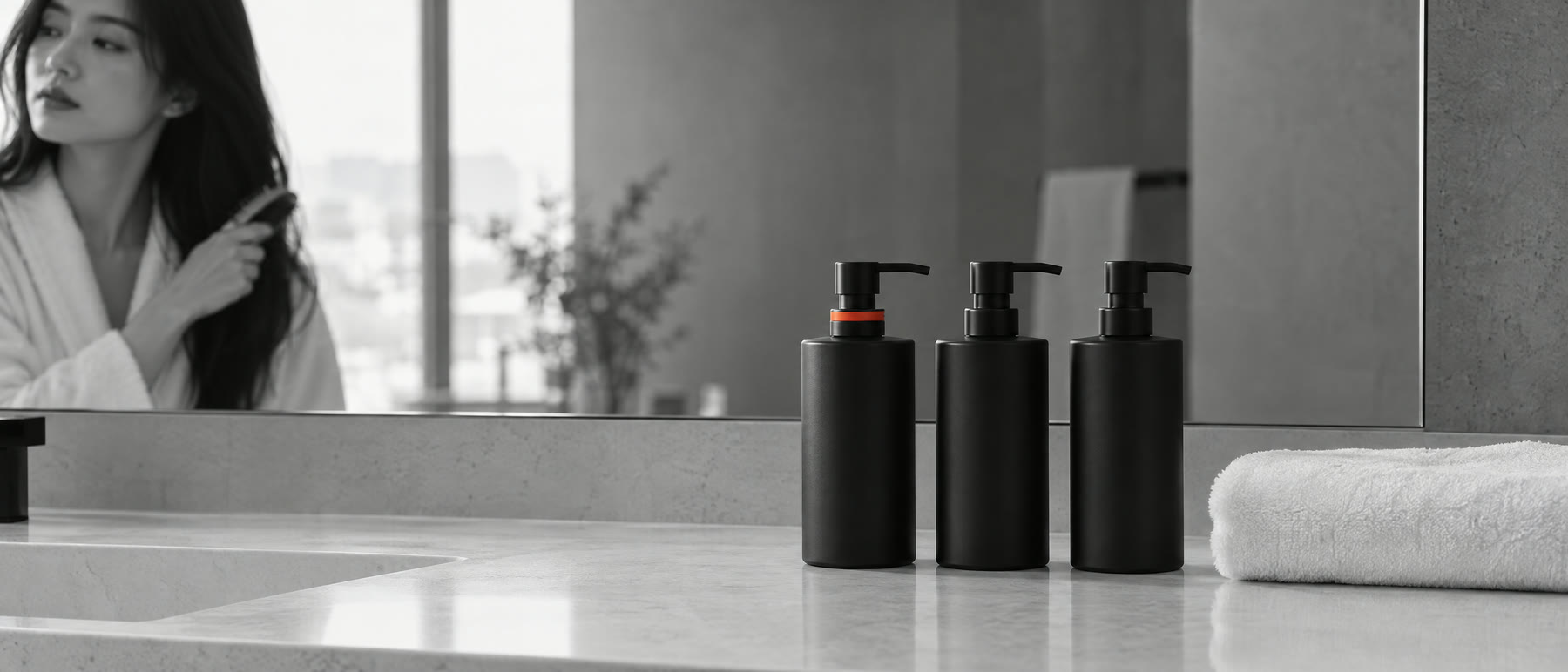 Victoria-H: matte black refill bottles on a stone counter in a hotel bathroom, a woman half reflected in the mirror