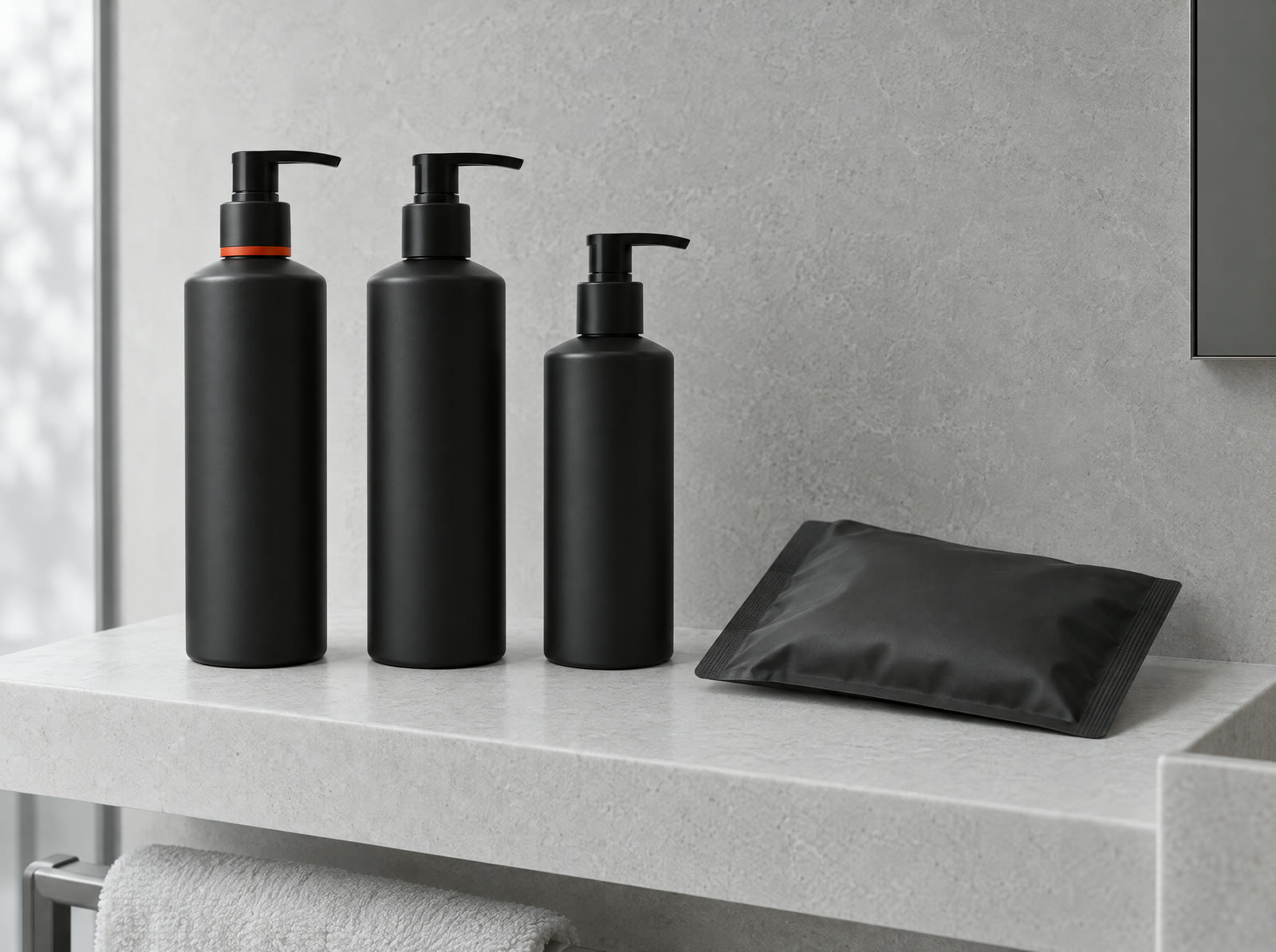 Concept still of unbranded matte black hotel amenity refill bottles and a refill pouch on a stone shelf