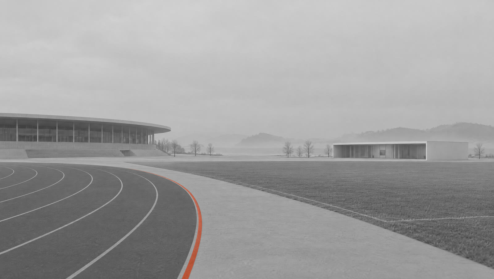 Concept visualization of a running track, open field, and a low gallery pavilion beside the data center