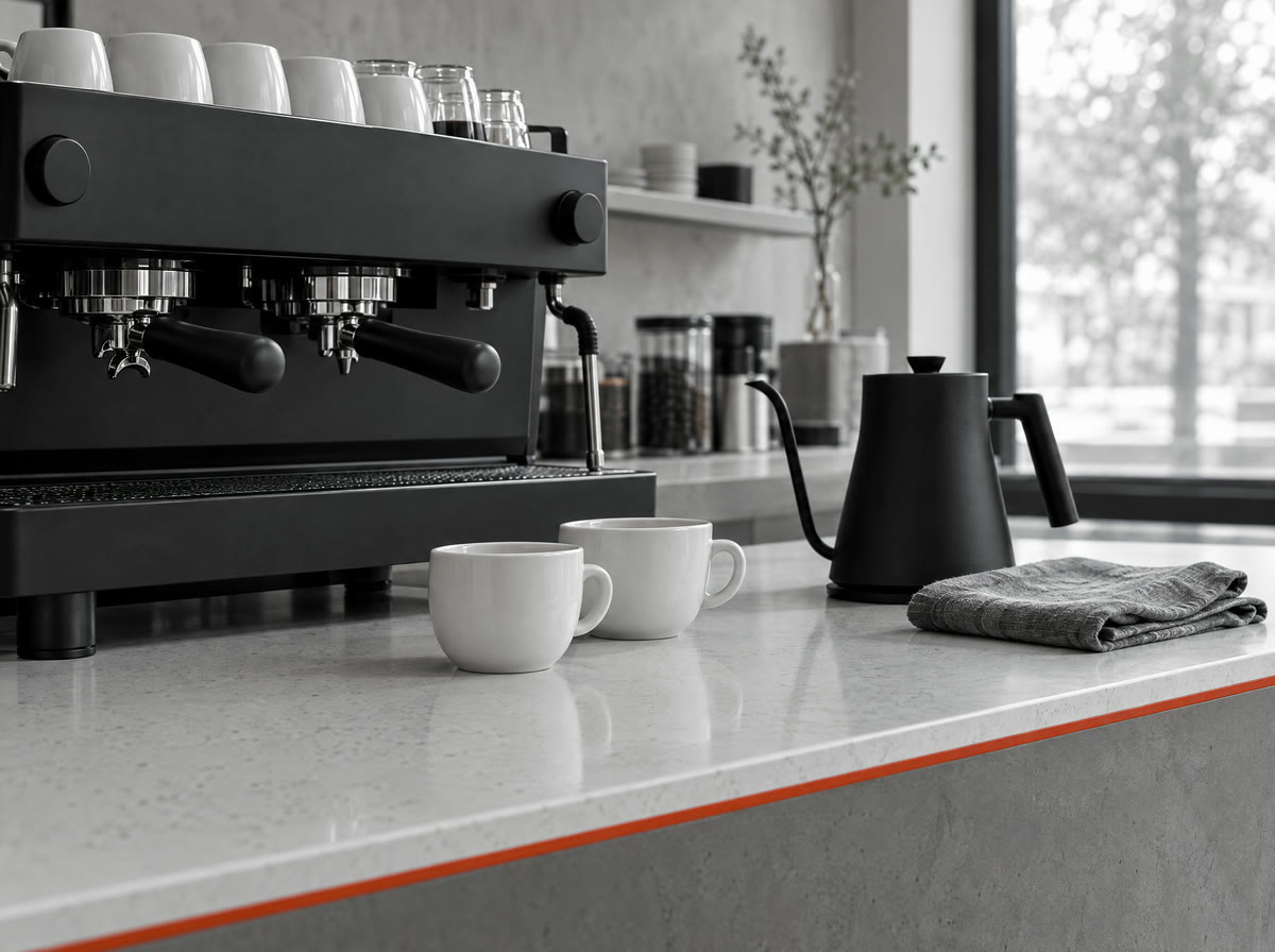 Cafe Coner-H: the espresso bar with white cups on a stone counter
