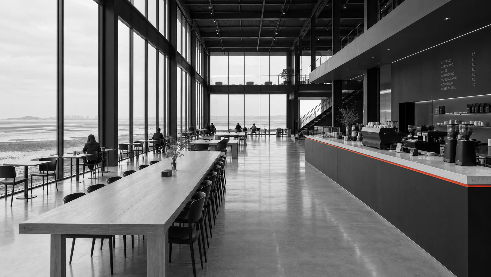 Cafe Corner-H: a double-height cafe hall with long oak tables, a black bar, and windows onto the tidal flats